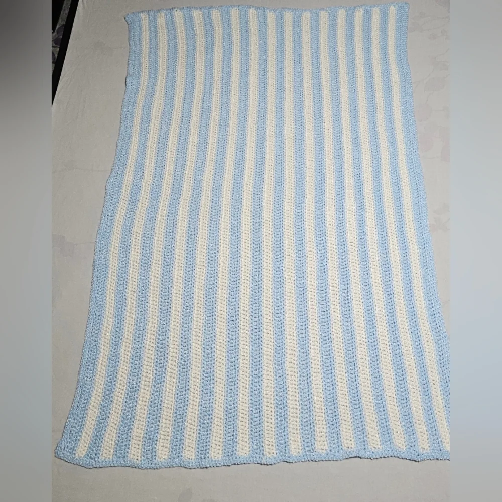 *New* Crochet  blue white stripe afghan baby throw blanket  approx. 34